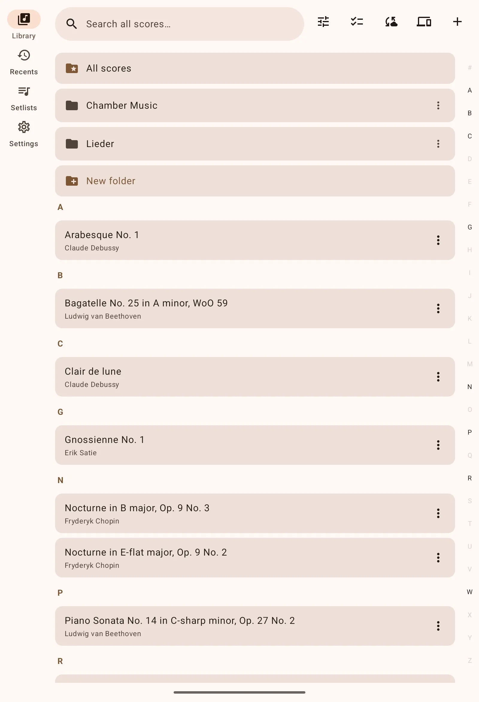 A biblioteca do Lectern em um tablet Android: pastas e, abaixo, partituras por título e compositor
