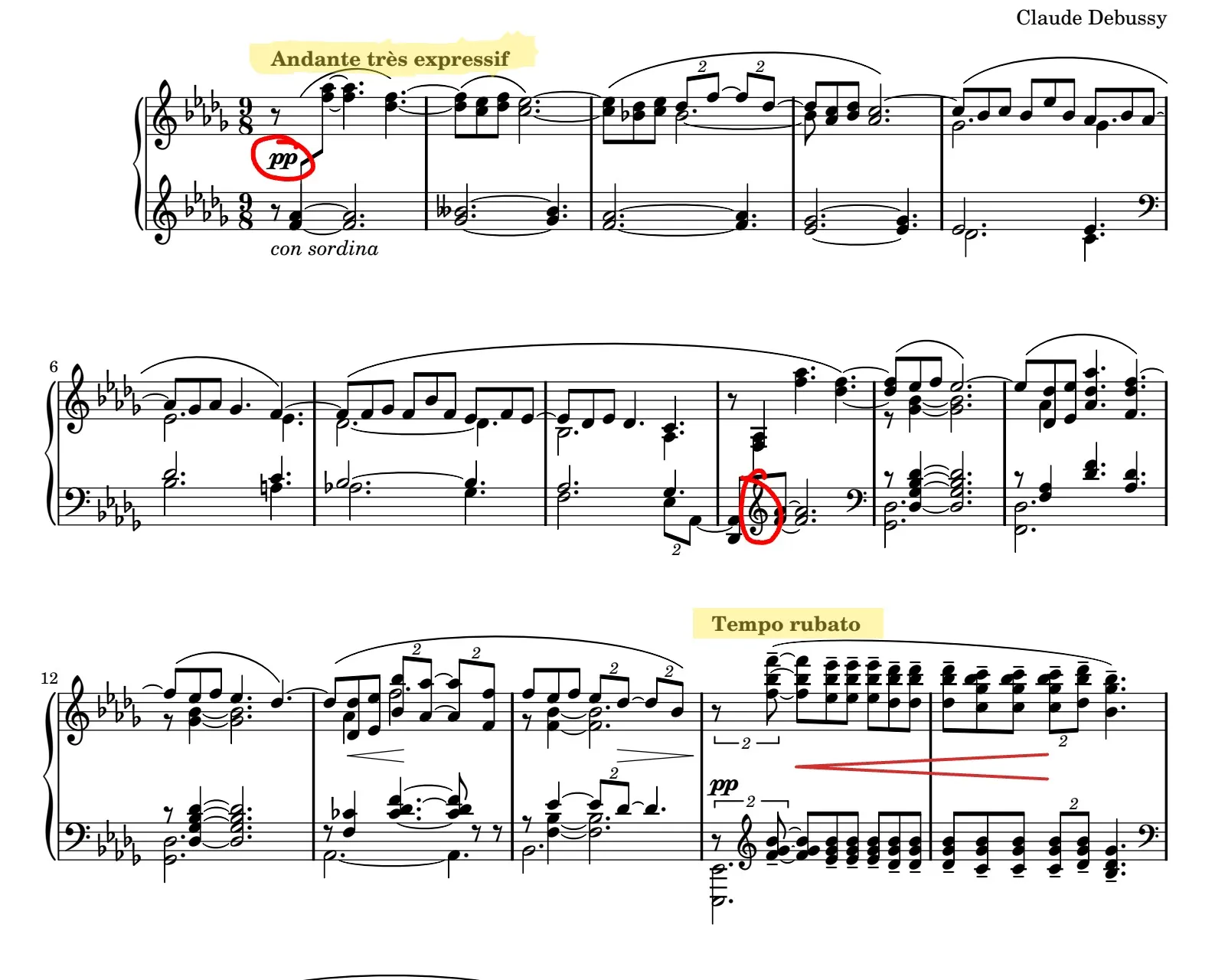 Clair de lune de Debussy no Lectern com uma dinâmica circulada, uma indicação de andamento destacada e um regulador de crescendo desenhado